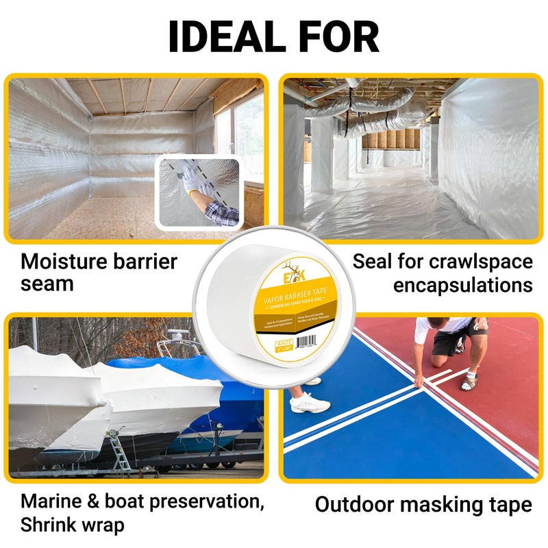 ELK Vapor Barrier Tape - 4” x 180ft - PE 7mm Polyethylene Seam Tape - Moisture Barrier Seam & Seal for Crawlspace Encapsulations or Waterproof Marine Tape - White - Image 2